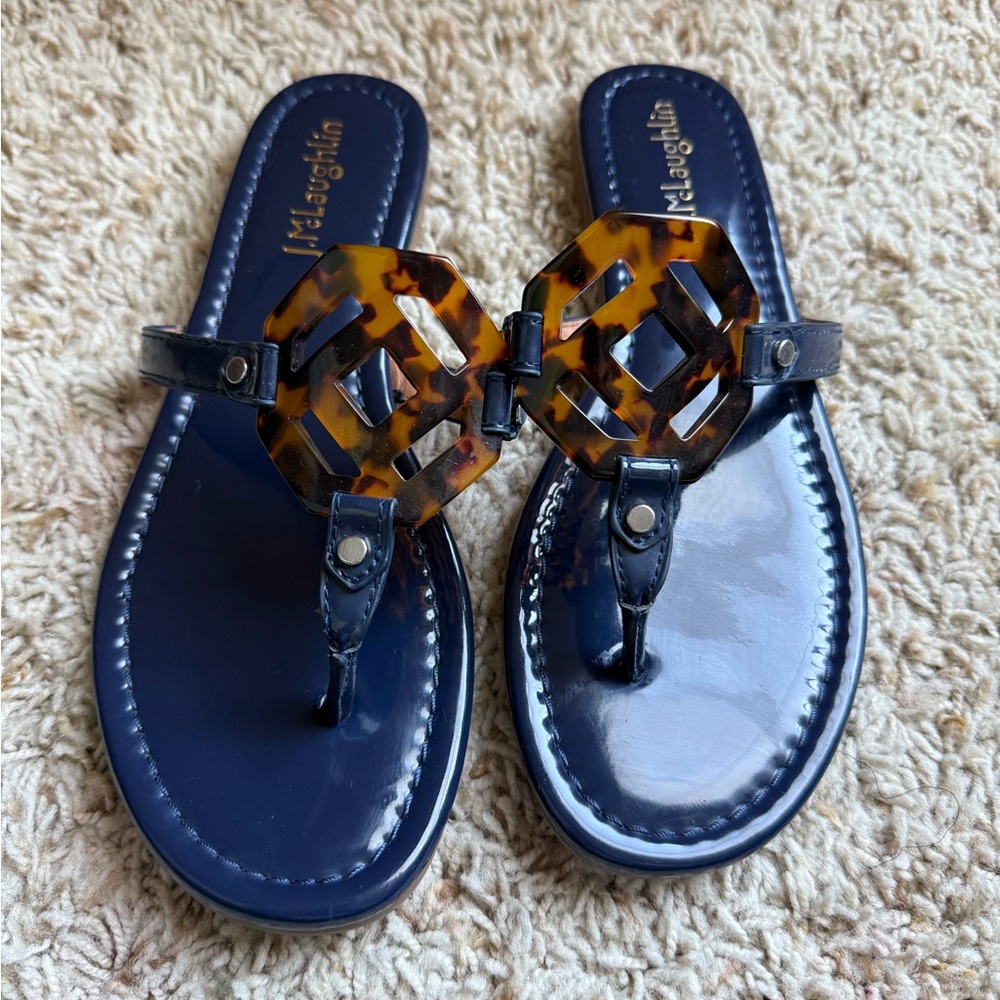 J. McLaughlin Lucy Patent Leather Navy & Tortoise Shell Sandals 6.5